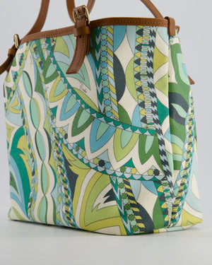 Emilio Pucci Green & White Coated Canvas & Brown Leather Small Tote Bag