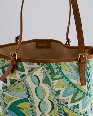 Emilio Pucci Green & White Coated Canvas & Brown Leather Small Tote Bag