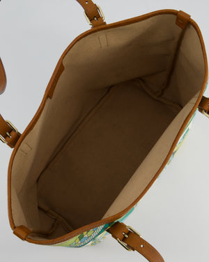 Emilio Pucci Green & White Coated Canvas & Brown Leather Small Tote Bag