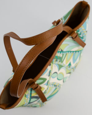Emilio Pucci Green & White Coated Canvas & Brown Leather Small Tote Bag