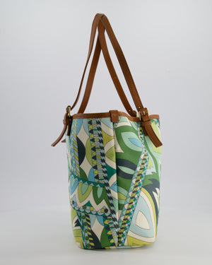 Emilio Pucci Green & White Coated Canvas & Brown Leather Small Tote Bag
