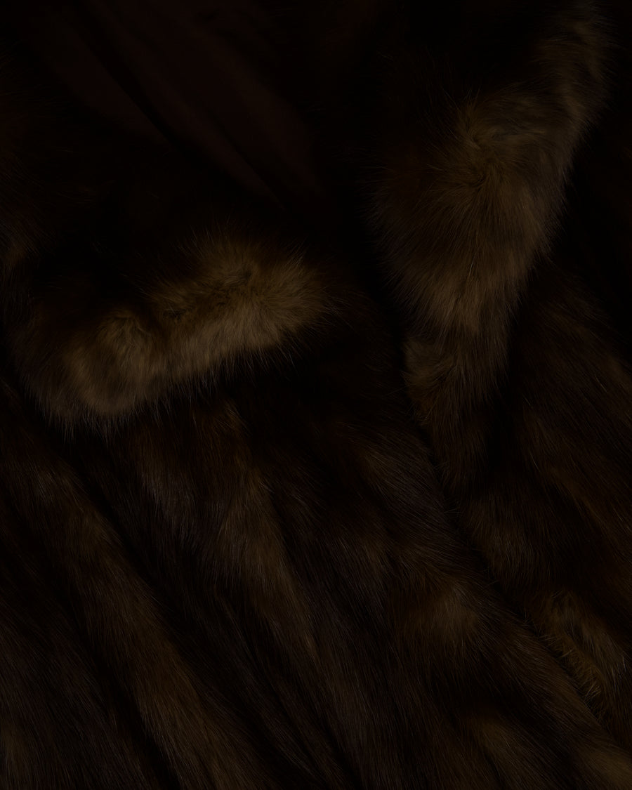Brown Sable Fur Long Coat with Half Sleeve Detail Size UK 8-12