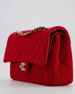 Chanel Deep Red Classic Medium Double Flap Bag in Tweed with Champagne Gold Hardware