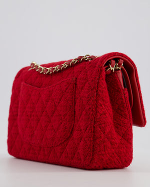 Chanel Deep Red Classic Medium Double Flap Bag in Tweed with Champagne Gold Hardware