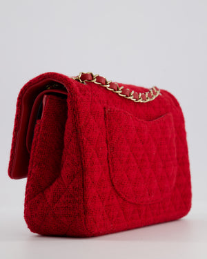 Chanel Deep Red Classic Medium Double Flap Bag in Tweed with Champagne Gold Hardware