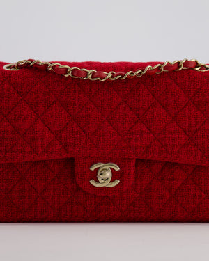 Chanel Deep Red Classic Medium Double Flap Bag in Tweed with Champagne Gold Hardware