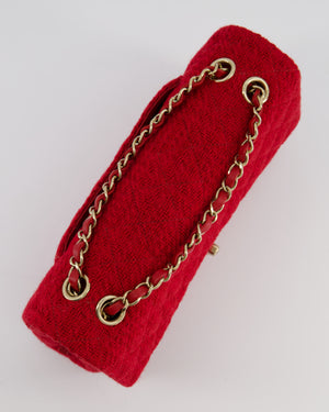 Chanel Deep Red Classic Medium Double Flap Bag in Tweed with Champagne Gold Hardware