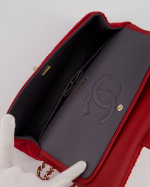Chanel Deep Red Classic Medium Double Flap Bag in Tweed with Champagne Gold Hardware
