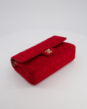 Chanel Deep Red Classic Medium Double Flap Bag in Tweed with Champagne Gold Hardware