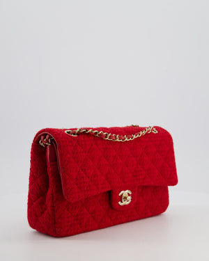 Chanel Deep Red Classic Medium Double Flap Bag in Tweed with Champagne Gold Hardware