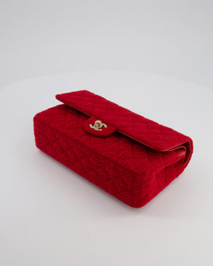Chanel Deep Red Classic Medium Double Flap Bag in Tweed with Champagne Gold Hardware