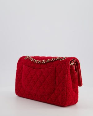 Chanel Deep Red Classic Medium Double Flap Bag in Tweed with Champagne Gold Hardware