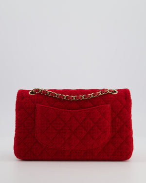 Chanel Deep Red Classic Medium Double Flap Bag in Tweed with Champagne Gold Hardware