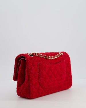 Chanel Deep Red Classic Medium Double Flap Bag in Tweed with Champagne Gold Hardware