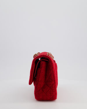 Chanel Deep Red Classic Medium Double Flap Bag in Tweed with Champagne Gold Hardware