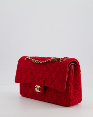 Chanel Deep Red Classic Medium Double Flap Bag in Tweed with Champagne Gold Hardware