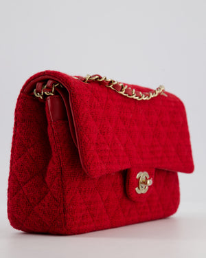 Chanel Deep Red Classic Medium Double Flap Bag in Tweed with Champagne Gold Hardware