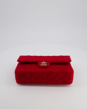 Chanel Deep Red Classic Medium Double Flap Bag in Tweed with Champagne Gold Hardware