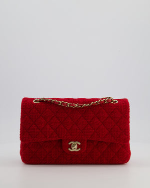 Chanel Deep Red Classic Medium Double Flap Bag in Tweed with Champagne Gold Hardware