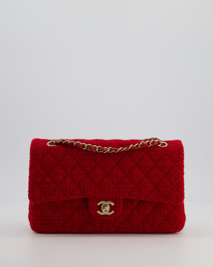Chanel Deep Red Classic Medium Double Flap Bag in Tweed with Champagne Gold Hardware