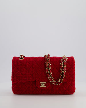 Chanel Deep Red Classic Medium Double Flap Bag in Tweed with Champagne Gold Hardware