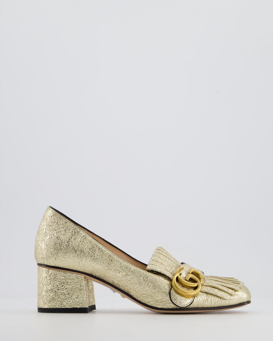 Gucci Metallic Gold Marmont Heeled Loafers with GG Detail Size EU 36