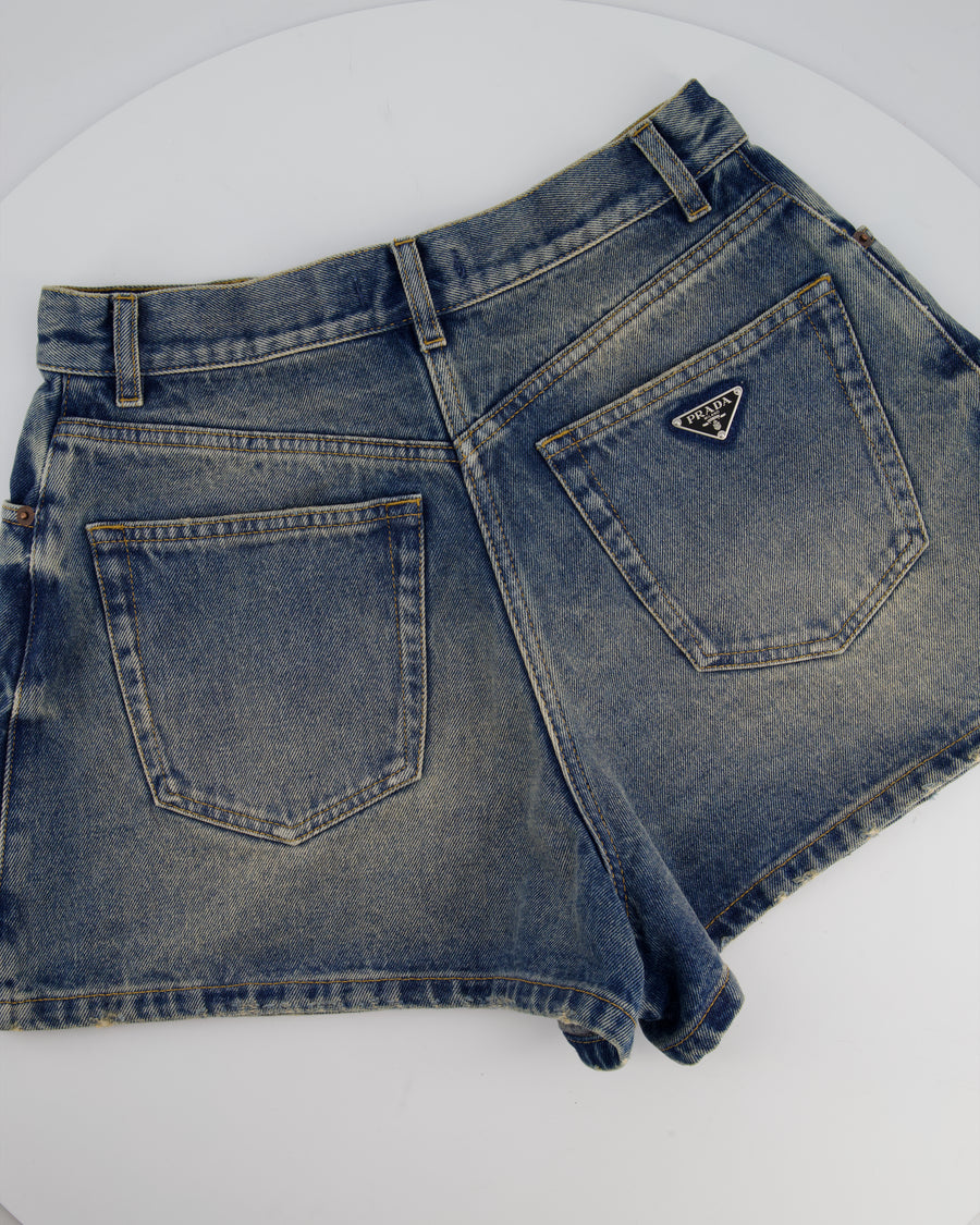 Prada Blue Denim Shorts with Logo Plaque Detail Size IT 40 (UK 8)