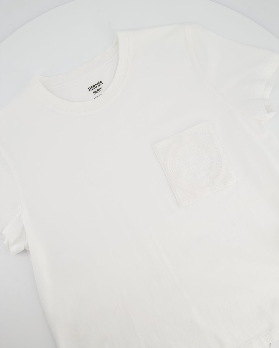 Hermes White Cotton T-Shirt with Embroidered Pocket Detail Size FR 40 (UK 12)