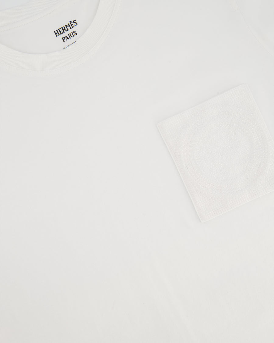 Hermes White Cotton T-Shirt with Embroidered Pocket Detail Size FR 40 (UK 12)