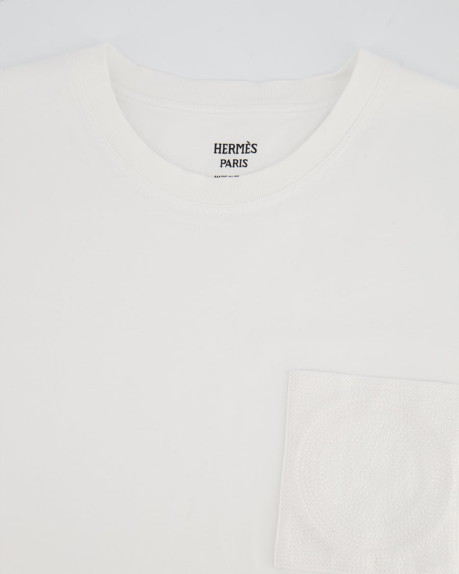Hermes White Cotton T-Shirt with Embroidered Pocket Detail Size FR 40 (UK 12)