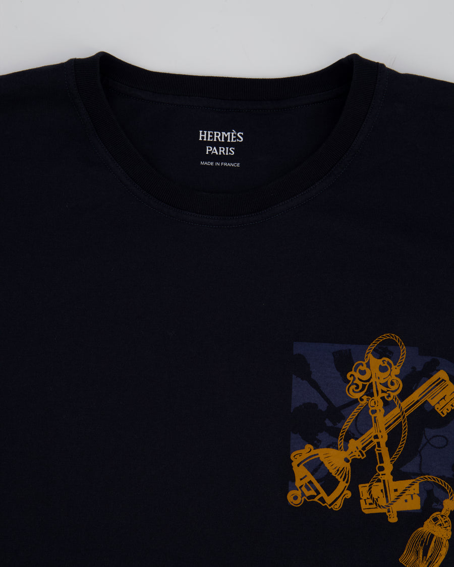 Hermes T-Shirt in Bleu Noir with "Les Clefs" Print in Size FR 38 (UK 10)