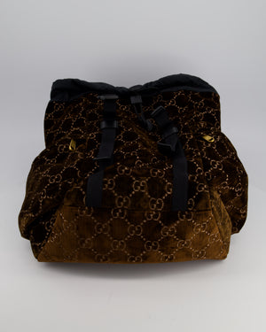 Gucci Brown & Black GG Backpack in Velvet Monogram Material & Black Leather Strap with Brushed Gold Hardware