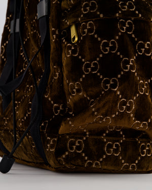 Gucci Brown & Black GG Backpack in Velvet Monogram Material & Black Leather Strap with Brushed Gold Hardware