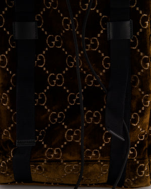 Gucci Brown & Black GG Backpack in Velvet Monogram Material & Black Leather Strap with Brushed Gold Hardware