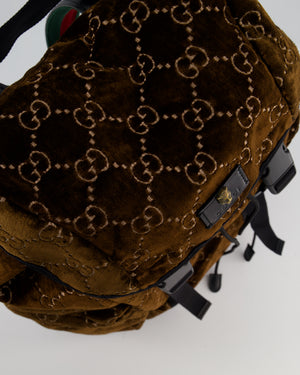Gucci Brown & Black GG Backpack in Velvet Monogram Material & Black Leather Strap with Brushed Gold Hardware