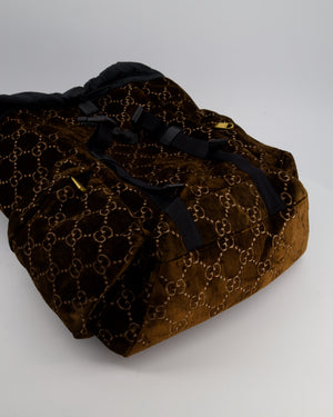 Gucci Brown & Black GG Backpack in Velvet Monogram Material & Black Leather Strap with Brushed Gold Hardware