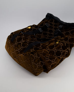 Gucci Brown & Black GG Backpack in Velvet Monogram Material & Black Leather Strap with Brushed Gold Hardware
