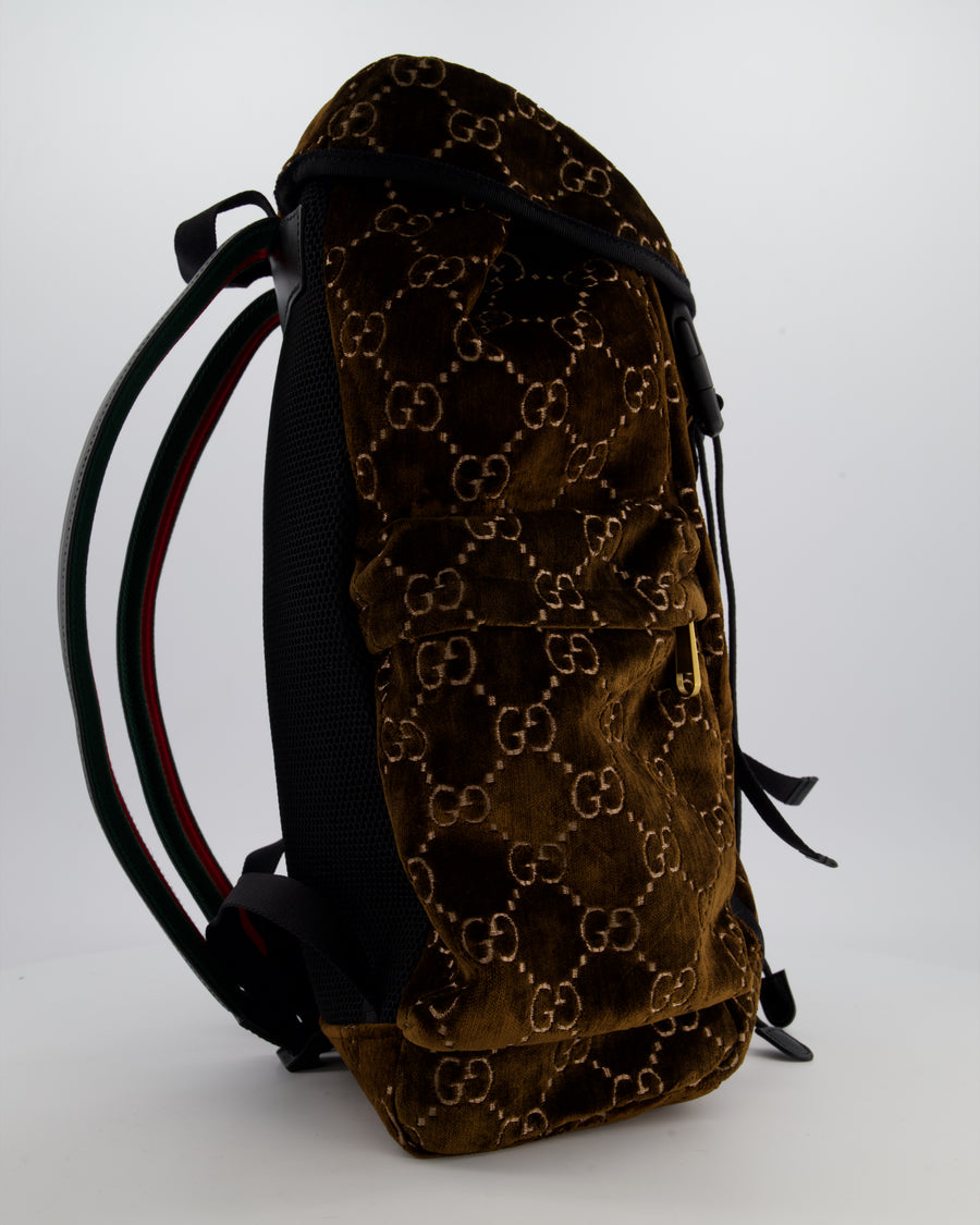 Gucci Brown & Black GG Backpack in Velvet Monogram Material & Black Leather Strap with Brushed Gold Hardware