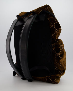 Gucci Brown & Black GG Backpack in Velvet Monogram Material & Black Leather Strap with Brushed Gold Hardware