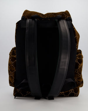 Gucci Brown & Black GG Backpack in Velvet Monogram Material & Black Leather Strap with Brushed Gold Hardware