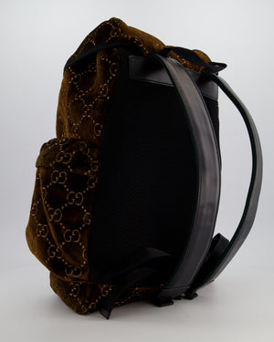 Gucci Brown & Black GG Backpack in Velvet Monogram Material & Black Leather Strap with Brushed Gold Hardware