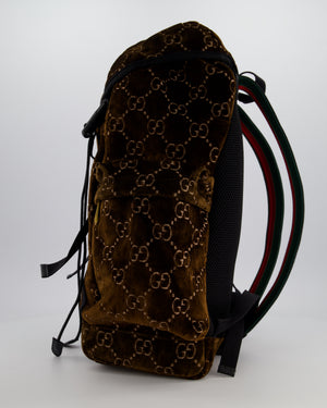 Gucci Brown & Black GG Backpack in Velvet Monogram Material & Black Leather Strap with Brushed Gold Hardware