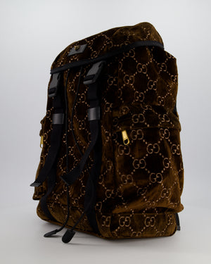Gucci Brown & Black GG Backpack in Velvet Monogram Material & Black Leather Strap with Brushed Gold Hardware