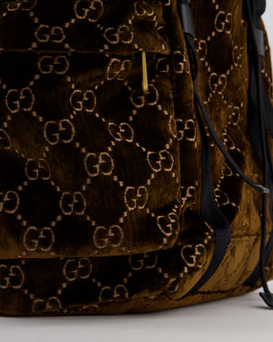 Gucci Brown & Black GG Backpack in Velvet Monogram Material & Black Leather Strap with Brushed Gold Hardware
