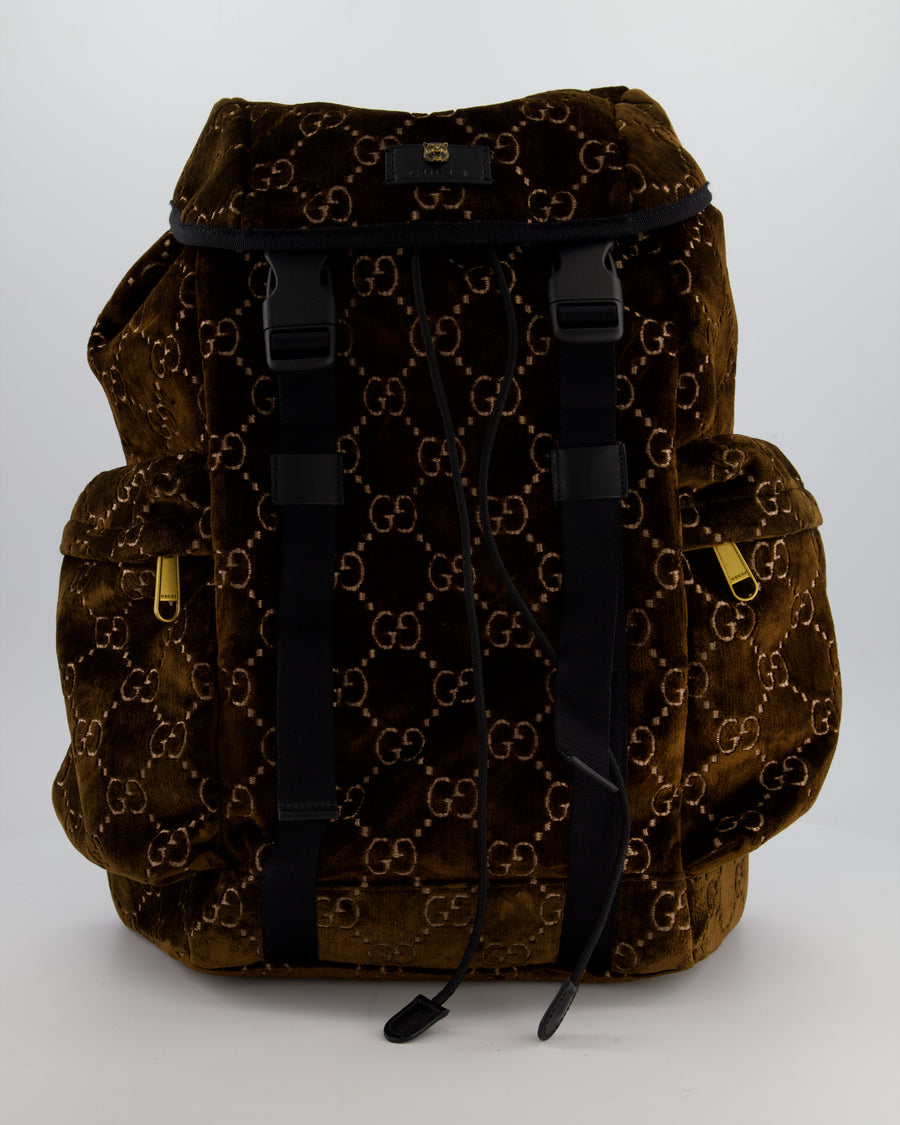Gucci Brown & Black GG Backpack in Velvet Monogram Material & Black Leather Strap with Brushed Gold Hardware