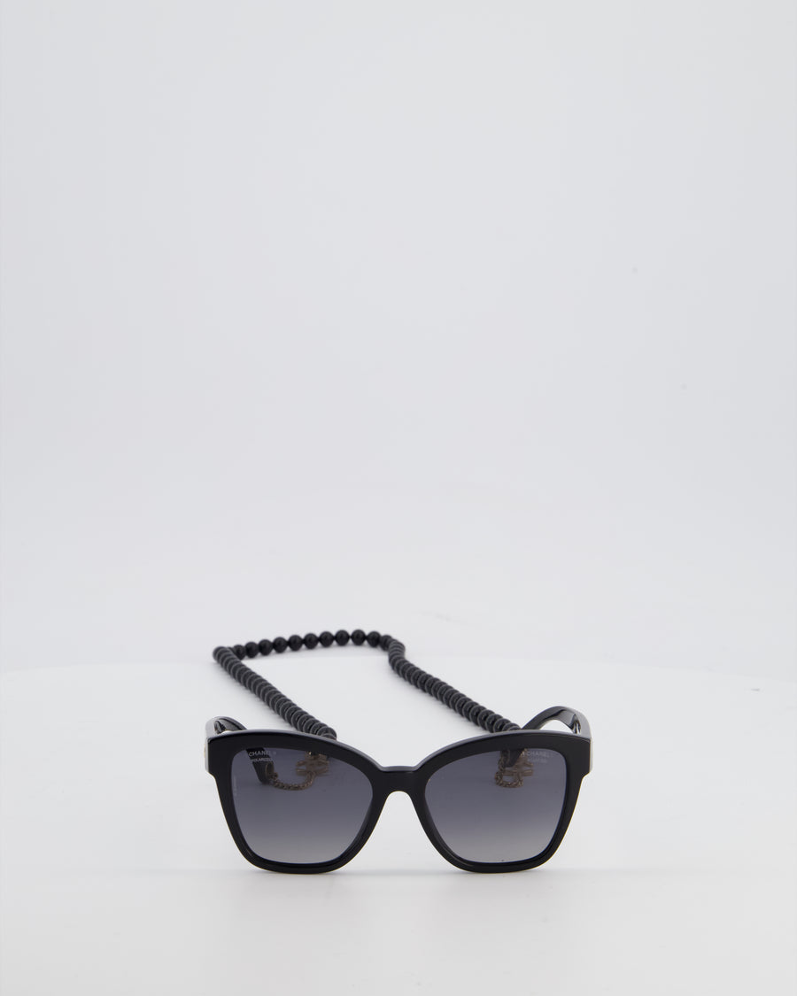 Chanel Black Square Sunglasses In Acetate Frame with Gold CC Logo & Grey Gradient Polarised Lenses RRP £545
