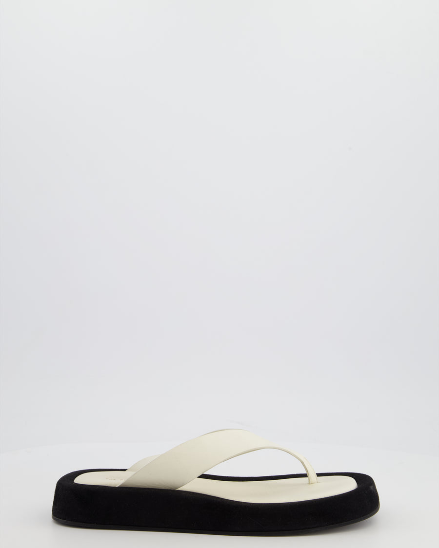 The Row Ginza White Calfskin & Black Suede Flip Flops with Suede Details Size 40