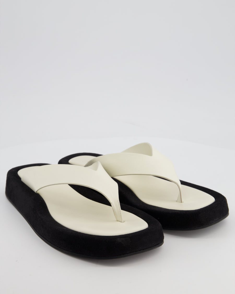 The Row Ginza White Calfskin & Black Suede Flip Flops with Suede Details Size 40