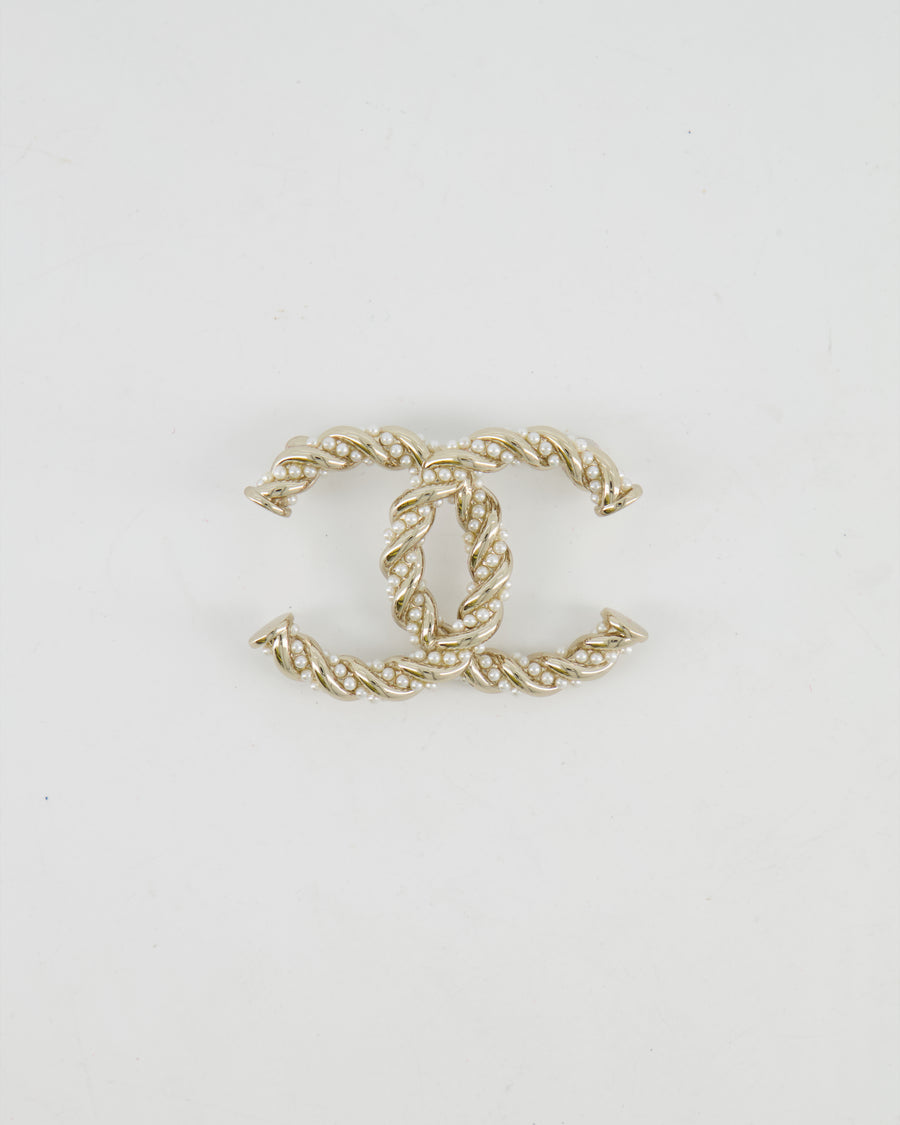 Chanel Champagne Gold and Pearl Braided CC Logo Brooch