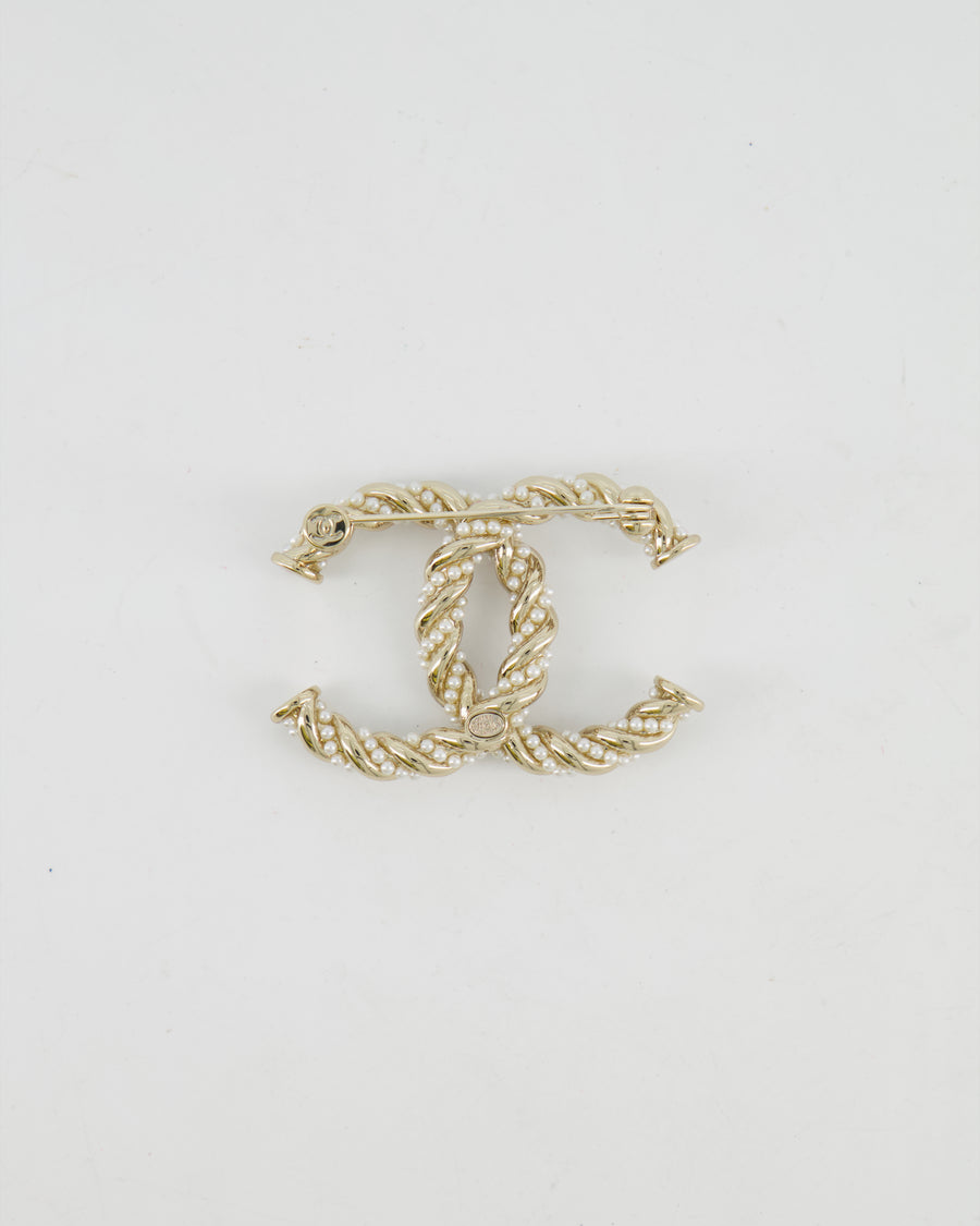 Chanel Champagne Gold and Pearl Braided CC Logo Brooch